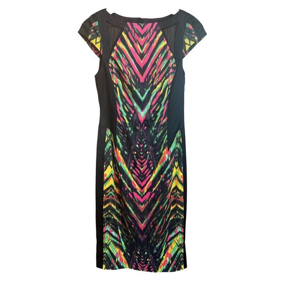 Karen Millen Abstract Tribal Black Dress Celebrity Neon Hot Midi Bodycon Size 8 - Picture 9 of 12